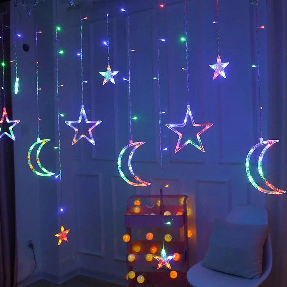 Instalatie Craciun LED interior - exterior, perdea, Luna si Stele, Lumina Multicolor