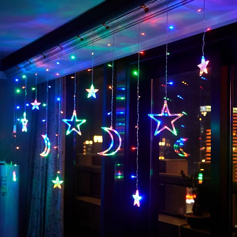 Instalatie Craciun LED interior - exterior, perdea, Luna si Stele, Lumina Multicolor