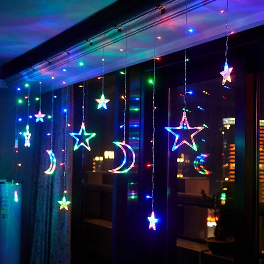 Instalatie Craciun LED interior - exterior, perdea, Luna si Stele, Lumina Multicolor